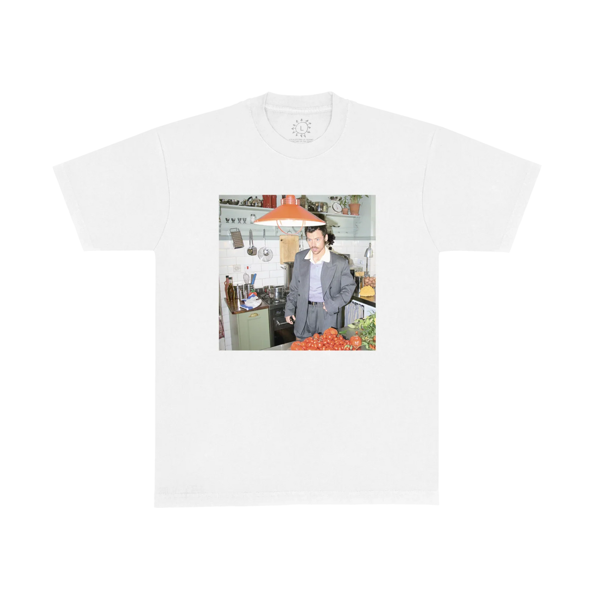 White Who Me graphic T-shirt by Harry Styles with a colour photo print of Harry seated indoors